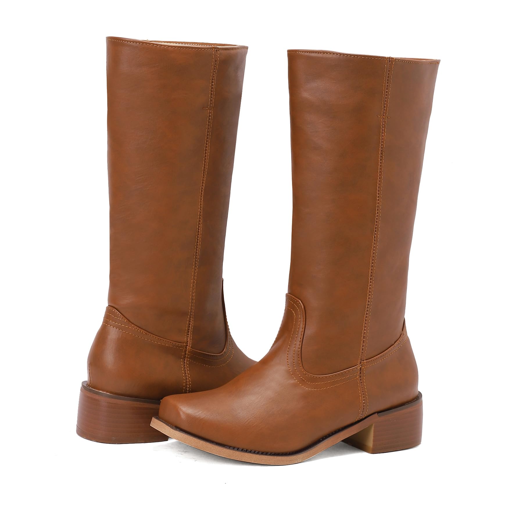 BEAUPAS Womens Mid Calf Riding Boots Stacked Heel Square Toe Chunky Block Heel Tall Boots