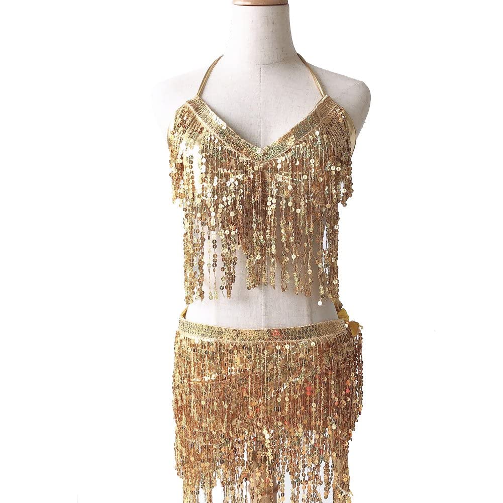 Casiler Women's Gold Adjustable Strap Sparkling Sequin Latin Fringe Dance Skirt Sling Competition Dress Wear For Rumba Tango