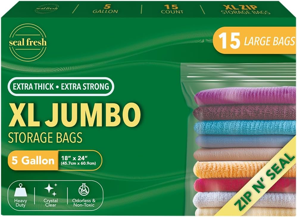 Seal Fresh 5 Gallon Large Plastic Storage Bags – 18" x 24" (15 Count) – Reusuable XXL Extra Large Heavy Duty Clear Jumbo Freezer Zip Bags with Sealable Zipper Top For Clothes, Travel, Moving