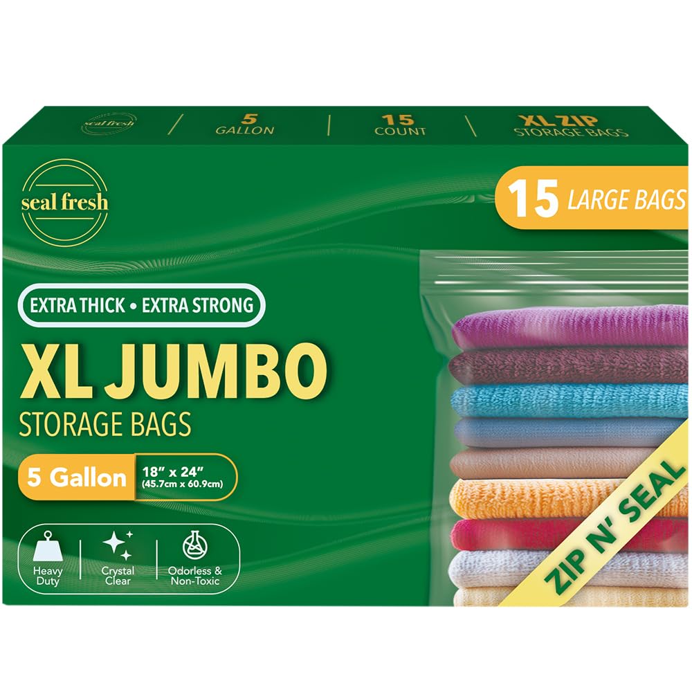 5 Gallon Large Plastic Storage Bags – 18" x 24" (15 Count) – Reusuable XXL Extra Large Heavy Duty Clear Jumbo Freezer Zip Bags with Sealable Zipper Top For Clothes, Travel, Moving