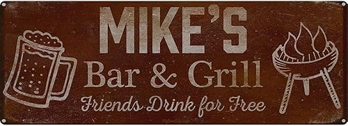 Mike's Bar and Grill Friends Drink for Free, cartel de aluminio de 5.75 x 15.5 pulgadas, accesorios personalizados para bar y decoraciones de pared,