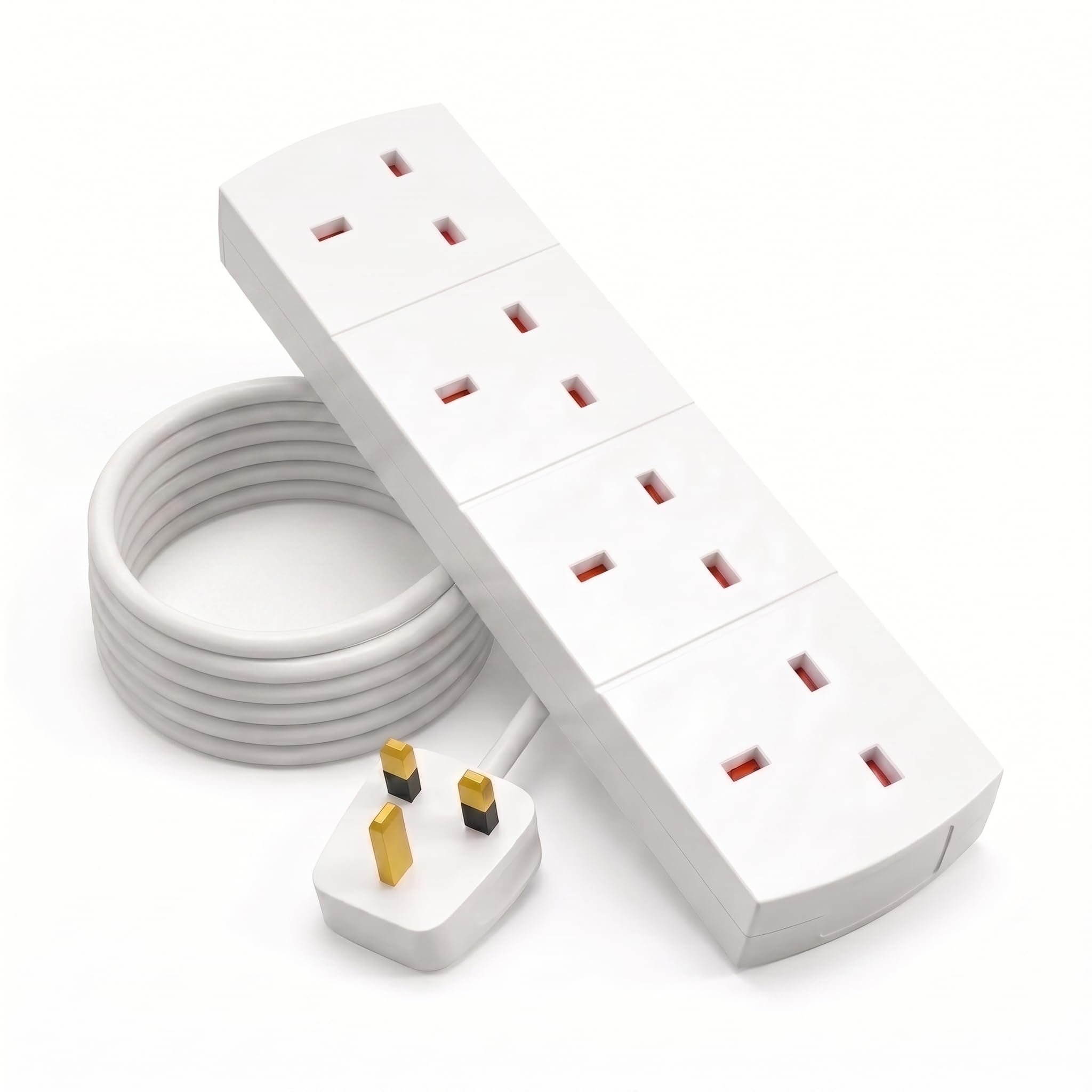 4 Gang Extension Lead 2M White Heavy Duty Extension Socket with UK Plug, 4 Plug Extension Lead, Compact Plug Extender for Home, Office & Kitchen Appliances, Safe for Everyday Use.