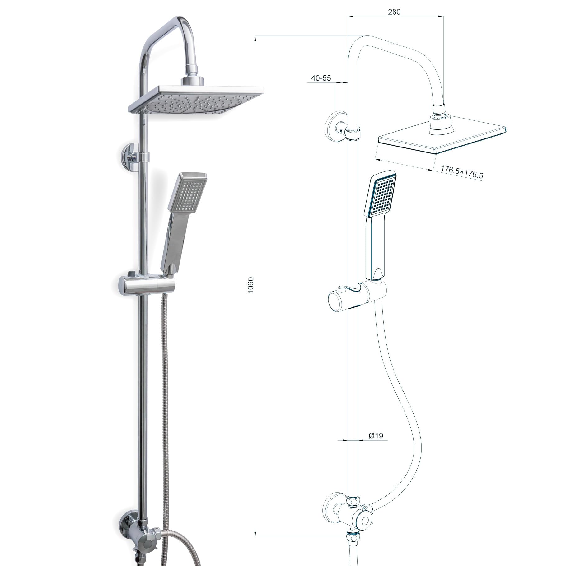Duschset Edelstahl Duschsystem ohne Armatur, mit Regendusche (176,5 x 176,5 mm) und Handbrause, Regendusche ohne Armatur - Dusche komplett - Chrom Duschwand für Badewanne, Duscharmatur Komplettset