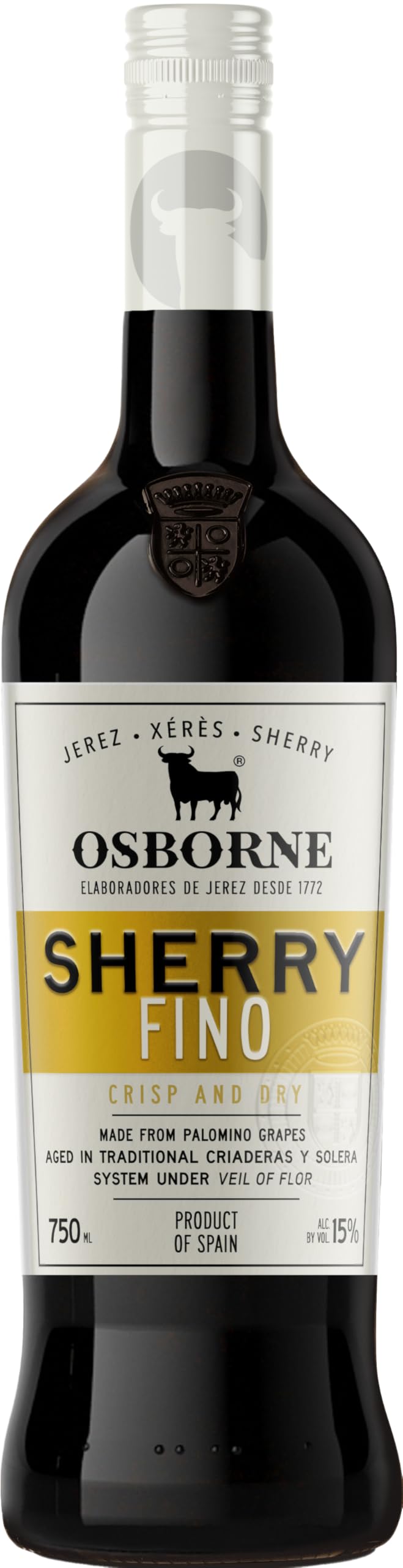 Osborne Sherry Fino – Hochwertiger, trockener Sherry, hergestellt nach dem Solera-Verfahren aus Andalusien in Spanien mit 15% vol. (1 x 0,75l)