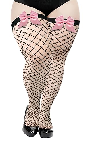 Moon Wood Plus Size Fishnet Stockings with Bows Stay up Lingerie Thigh High Stockings for Women - One Size Plus - Black/Pink Bow