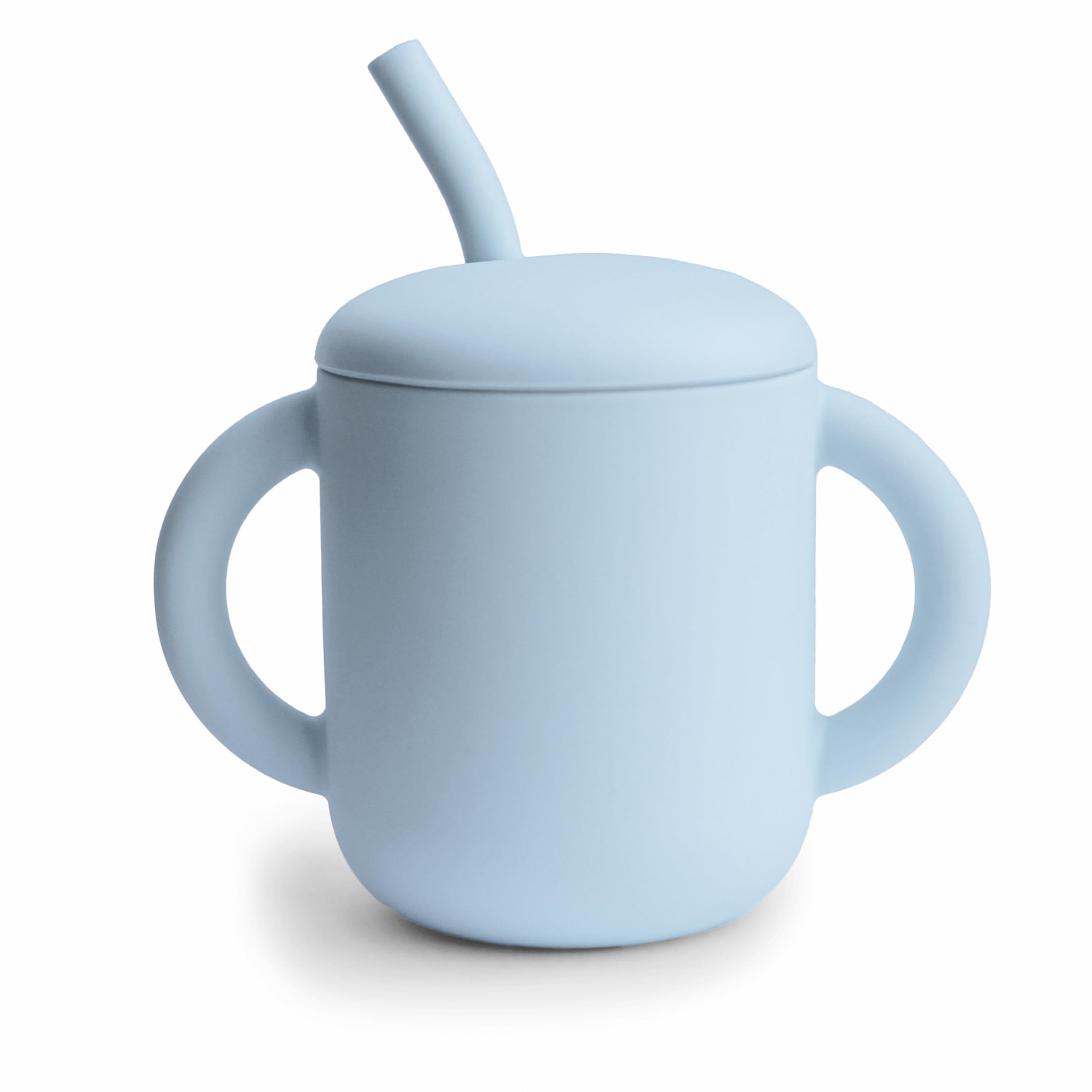 Mushie Silicone Training Cup + Straw | Baby Sippy Cup with Straw 6+ Months First Cup | Capacity: 175 mL | Removable Lid | Material: Food Grade Silicone | Dishwasher & Microwave Safe (Powder Blue)