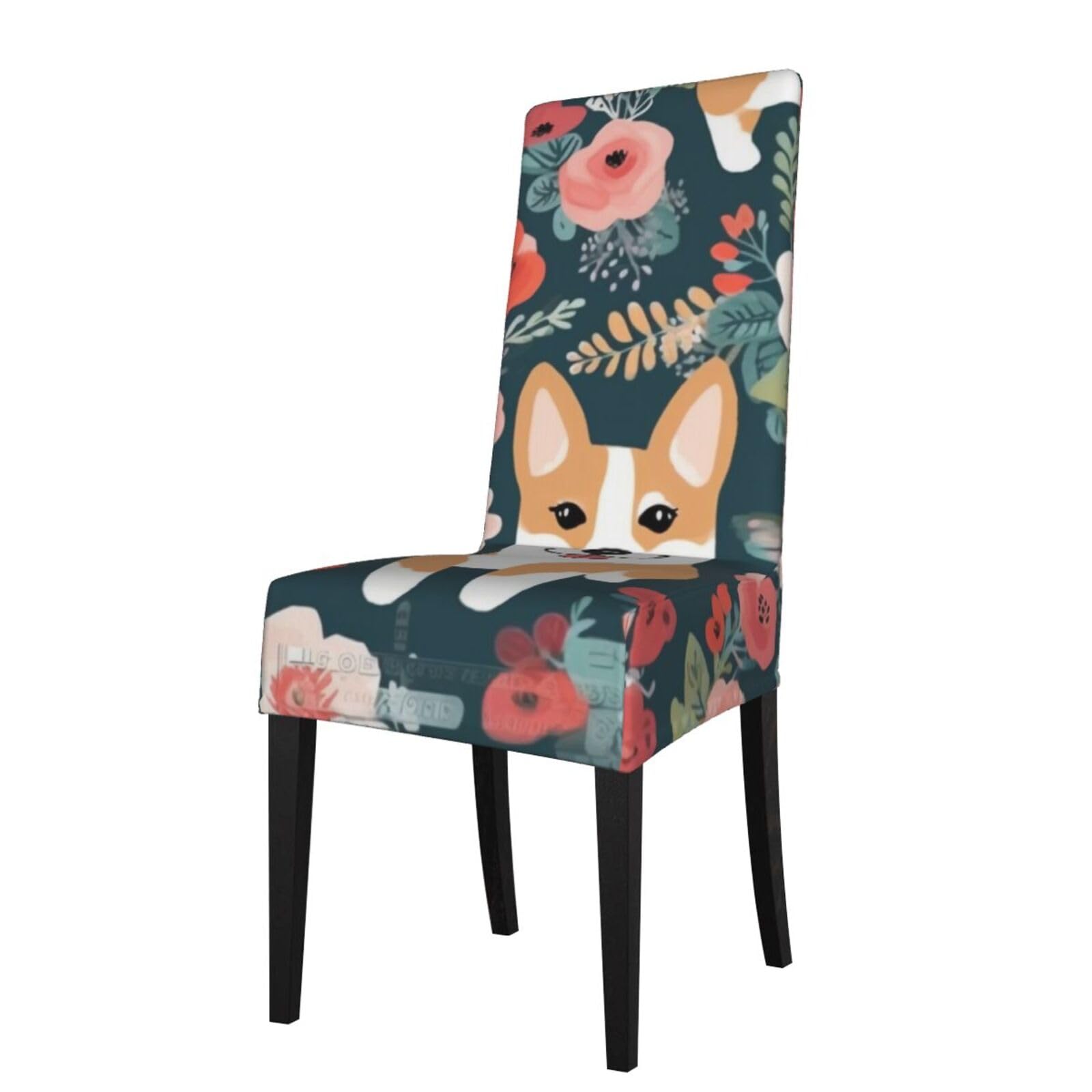 WPKJU Corgi Floral Flowers Print Dining Chair Covers Removable Chair Seat Covers Decorative for Kitchen & Bar Stools