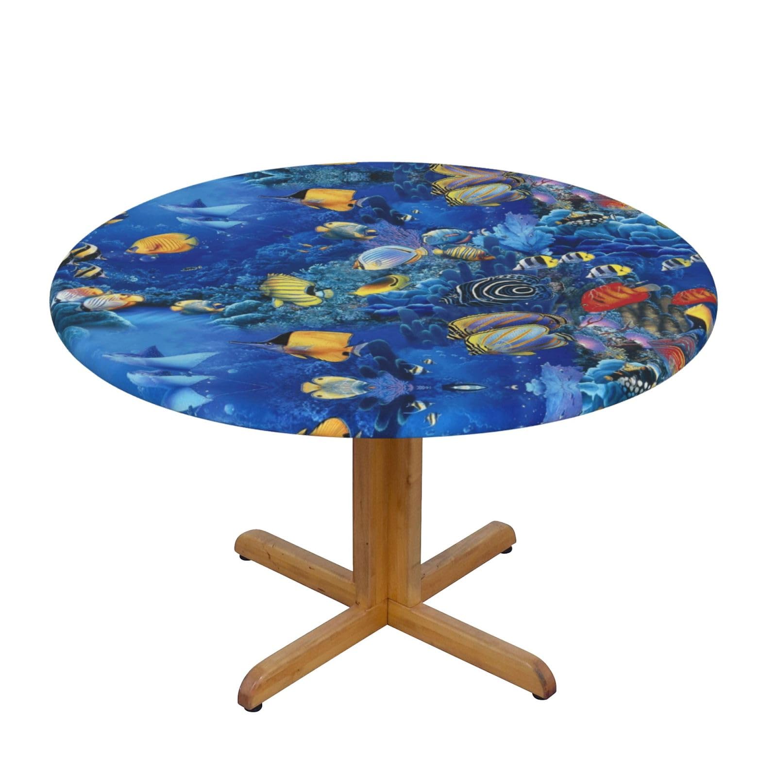 ESNAIUVCD Tropical Fishes print Waterproof Round Tablecloth,Outdoor Table Cloth with Elastic Edged, Elastic Tablecloth Wipeable, Garden Table Cloth Suitable for sizes 90cm-140cm