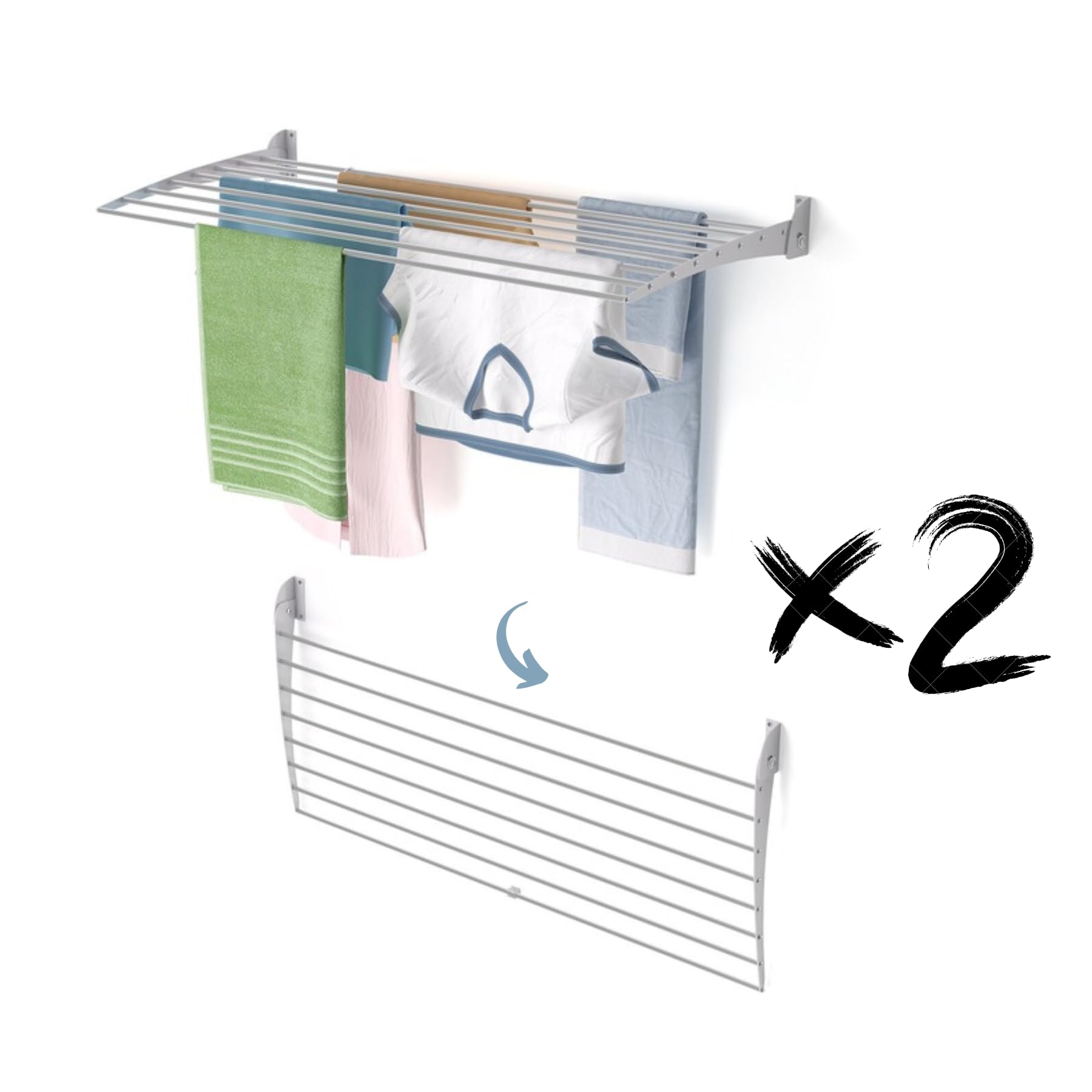 2X Foxydry Fold Down 116 Cm GreyFoldable Wall-Mounted Clothes AirerSpace-Saving Solution