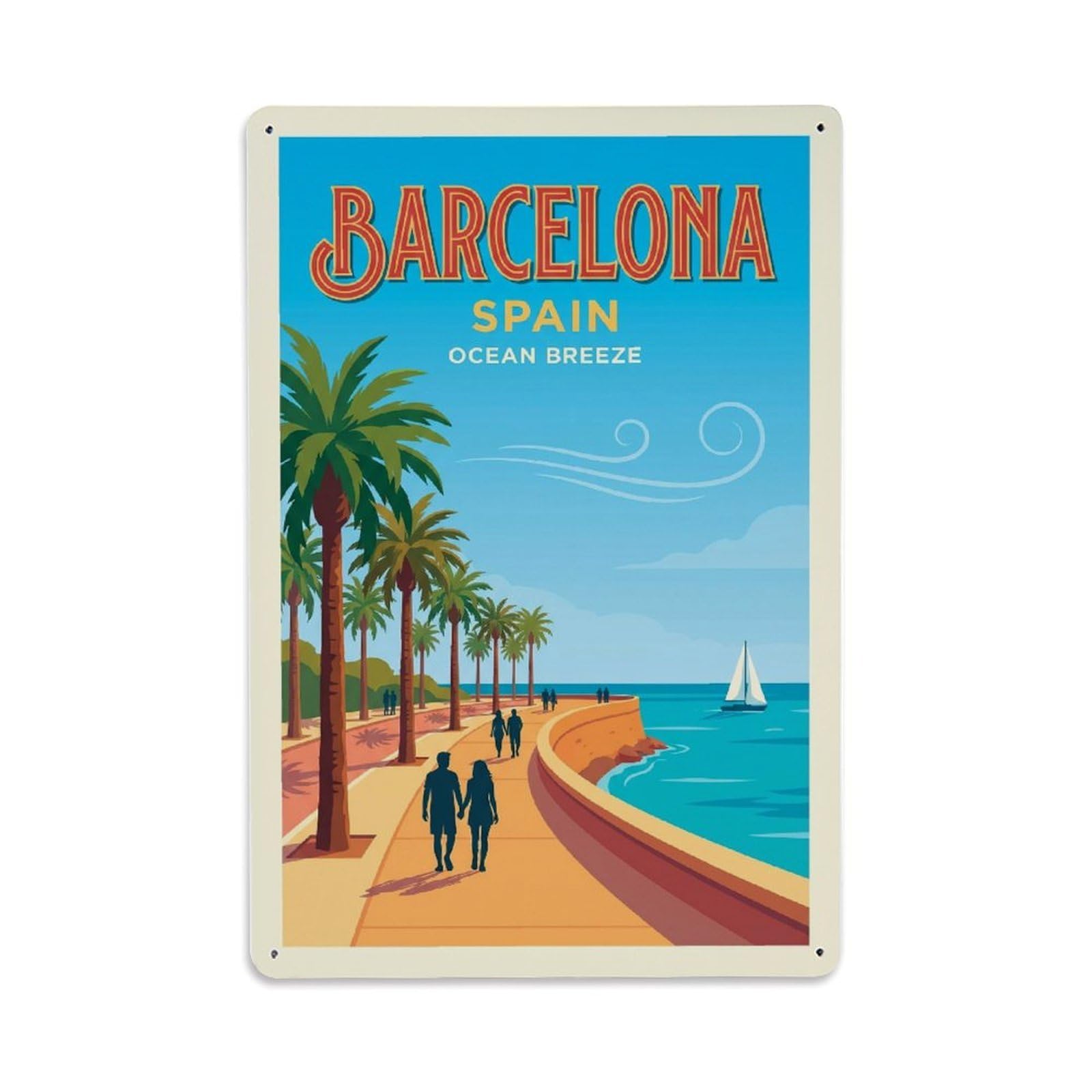 Vintage Travel Promenade Spain Palm-lined Metal Tin Sign Plaque Wall Decor for Cafe, Club Bar, Office, Home Garden Metal Poster 8x12Inch