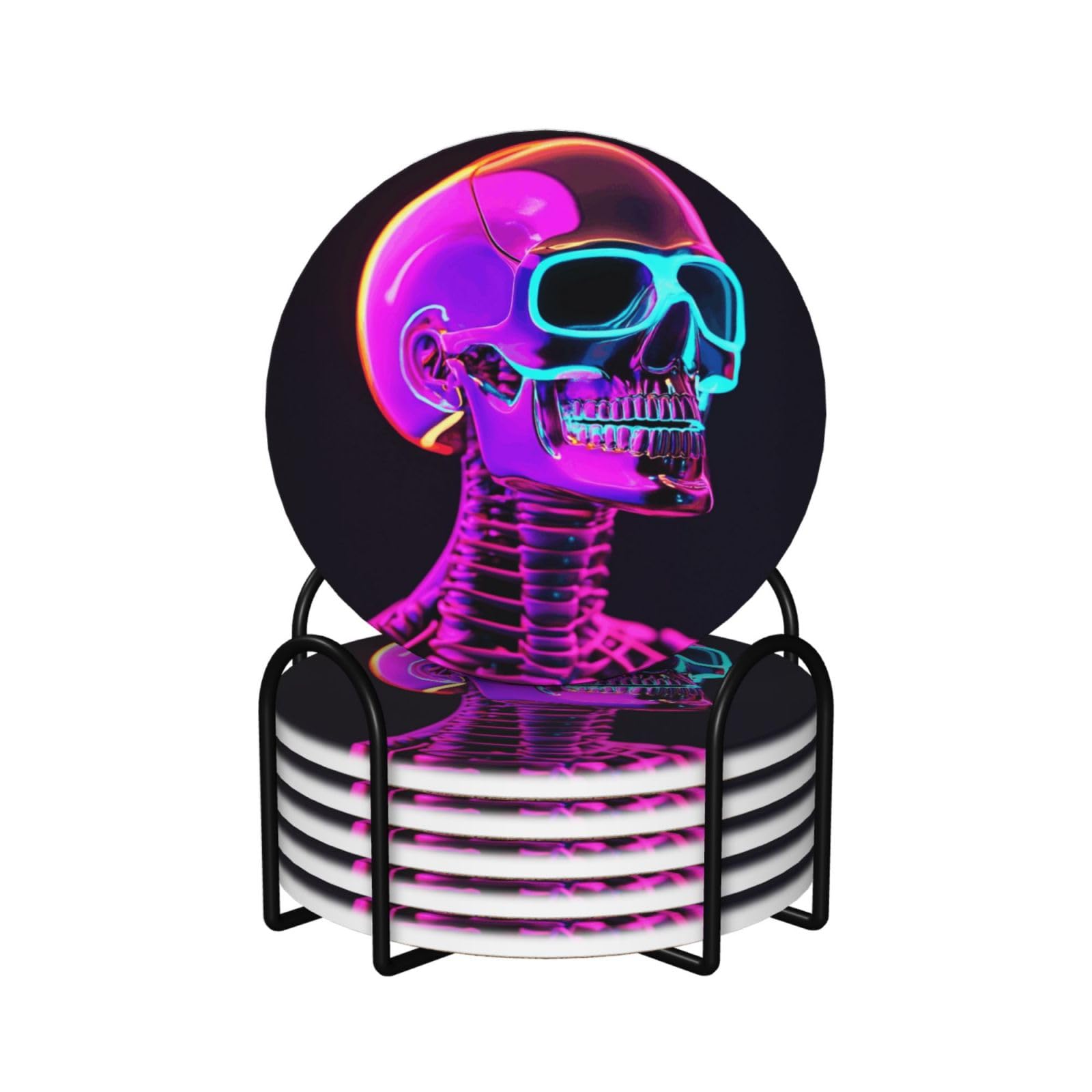 Neon Skeleton Head Ceramic Coasters with Holder 6ps