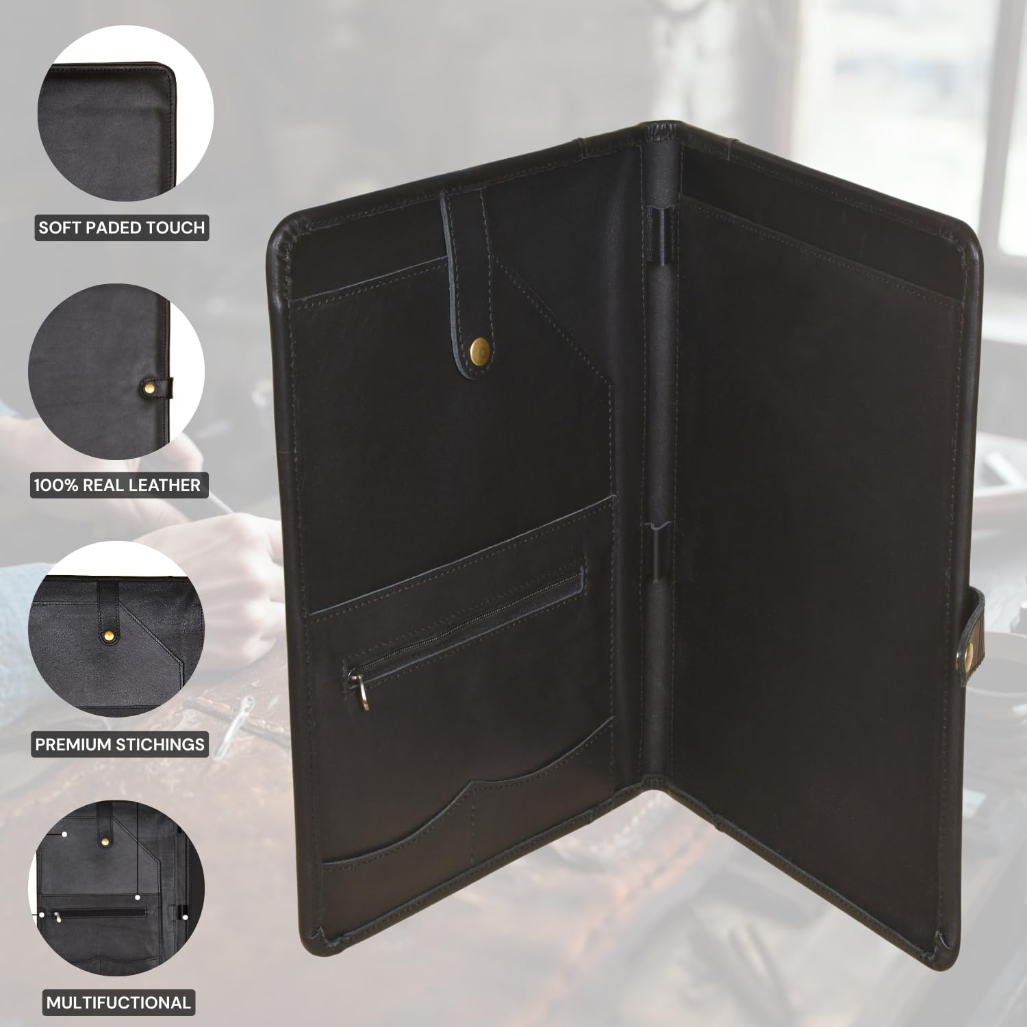 Portefeuille en cuir véritable pour homme et femme – Format lettre (Noir)