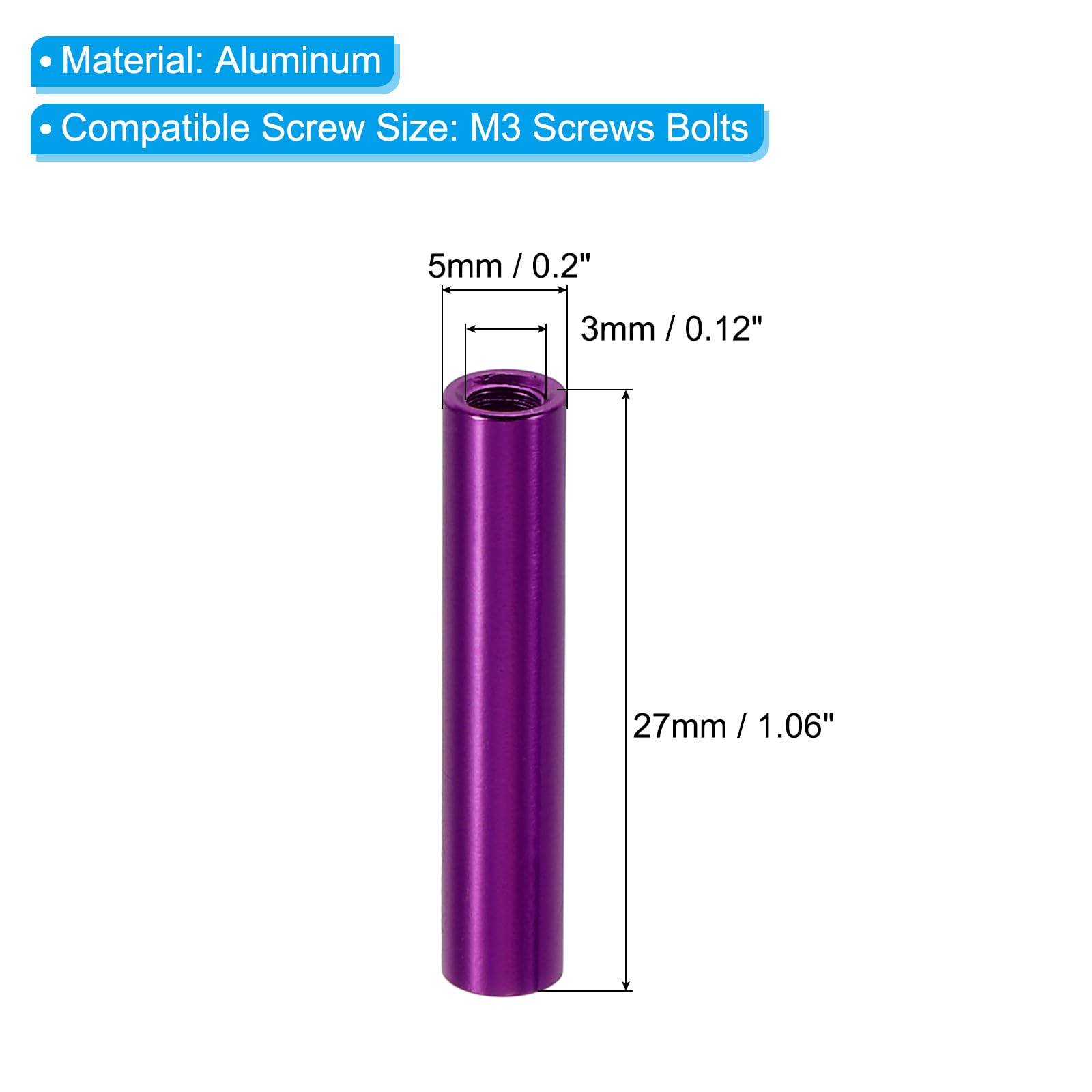PATIKIL 6pcs M3 Metal Threaded Standoff Spacer Nuts, Round Aluminum Spacers Female Coupling Screws, 1/8" ID x 3/16" OD, Purple 3x5x27mm - Image 2