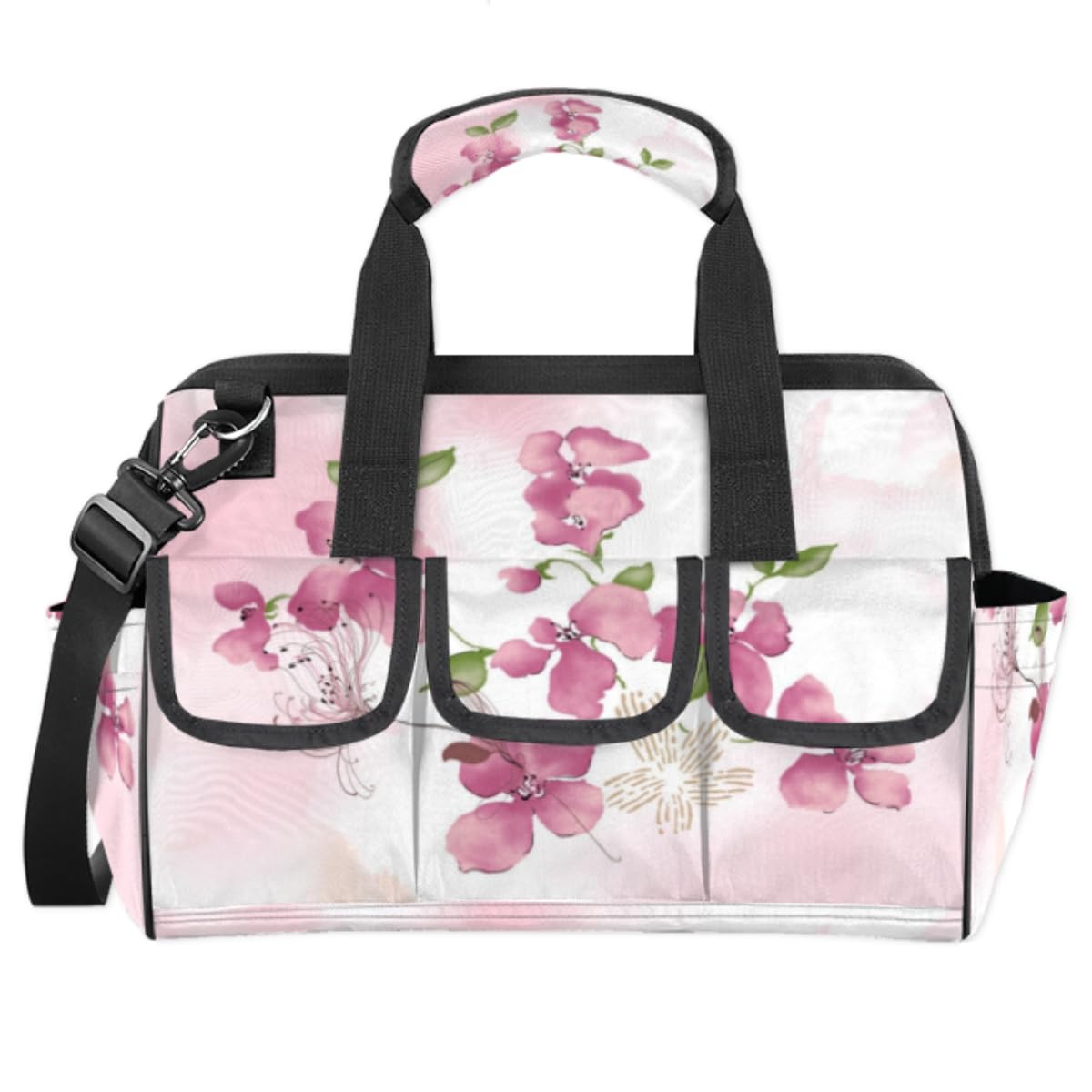 Pink Flowers Artwork Tool Bag for Men Heavy Duty Tool Bag Waterproof Wide Mouth Tool Tote for Women Large Capacity Tool Storage Bag for Electrician Carpenter Mechanic Various Tools