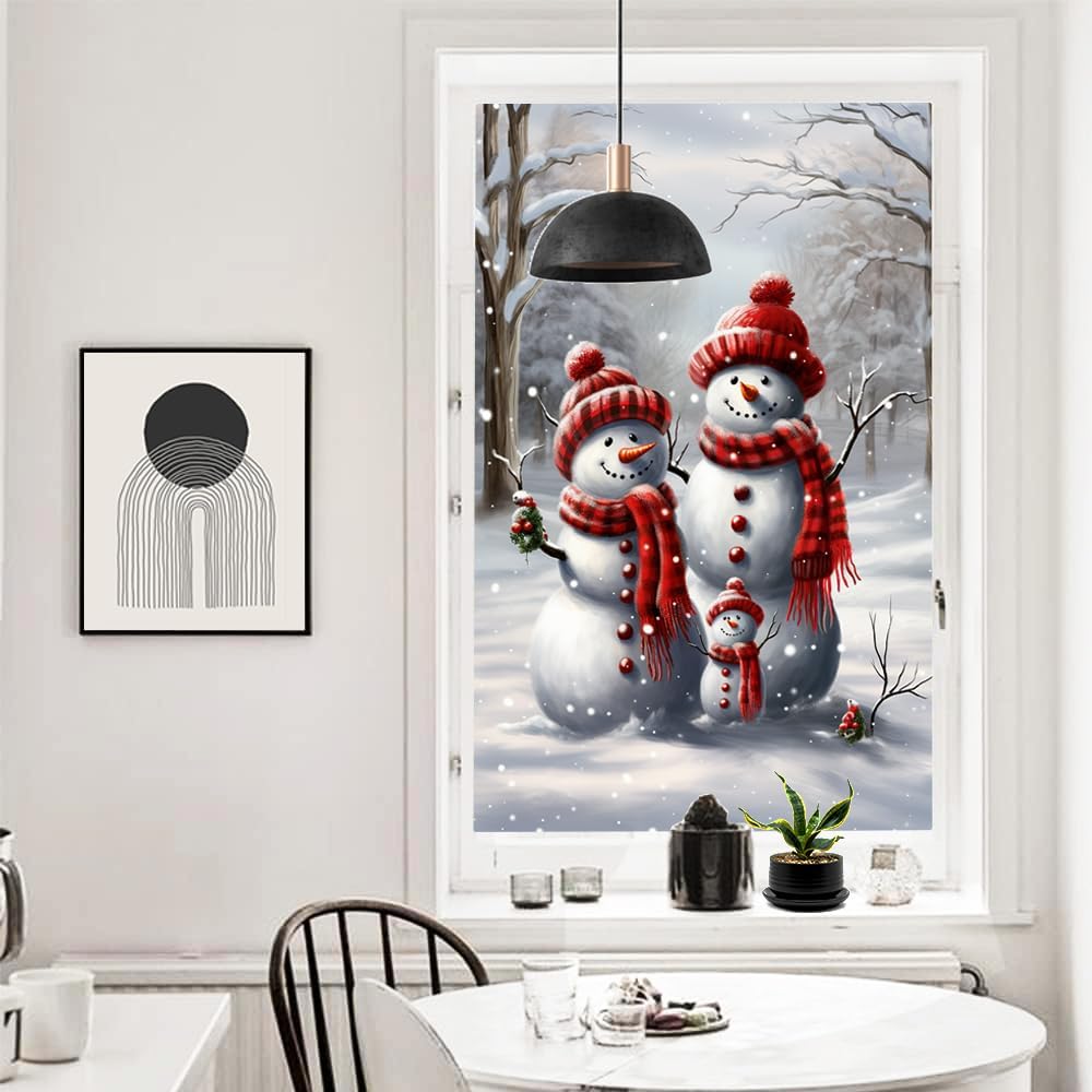 Winter Snowman Family Stained Glass Window Film Natural Snow Scene Vintage Window Privacy Film Self-Adhesive Glass Film Decorative Sticker Frosted Film for Home Office 35.4Wx55.1L inch