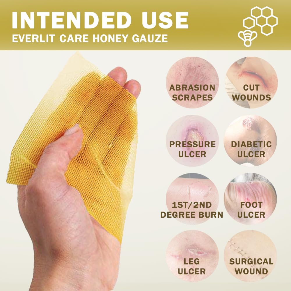 EVERLIT CARE Manuka Honey Dressing | Sterile Non-Adhesive Pads with Unadulterated Medical-Grade Honey | Advanced Healing for Burn, Chronic Wound, Donor Sites, Pressure & Diabetic Ulcer (4" Gauze) — Amazon image 5