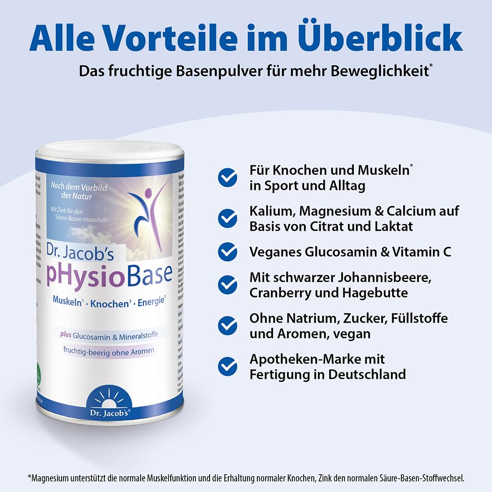 Dr. Jacob’s pHysioBase I für Sport und Alltag I für Knochen und Muskeln* | Mit veganem Glucosamin, Kaliumcitrat, Magnesiumcitrat, Calciumlaktat und Vitamin C I für die Säure-Basen-Balance*