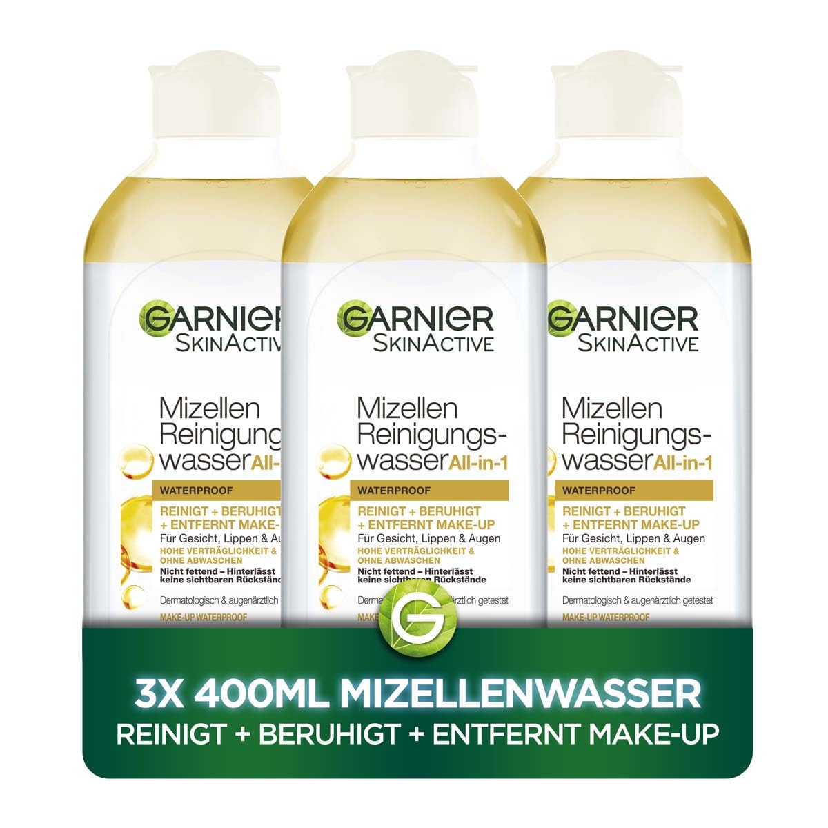 Garnier Mizellen Reinigungswasser All-in-1 Waterproof Set: Schonende Gesichtsreinigung für wasserfestes Make-up – Schnelle & effektive Make-up-Entfernung für Gesicht, Lippen & Augen, 3er Set