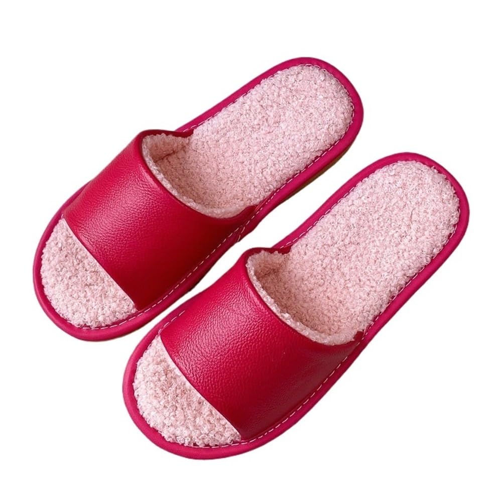 Pantofole Calde E Comode Con Fodera In Peluche Sandali Da Casa In Vera Pelle Con Punta Aperta Scarpe Da Camera Da Letto Casual Leggere E Antiscivolo Per Ufficio, Hotel, Viaggi(Rose Red,38/39 EU)