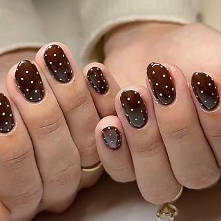 Almond Press on Nails Medium Brown Fake Nails White Spot Full Cover Glossy Stick on False Nail for Women 24PCS
