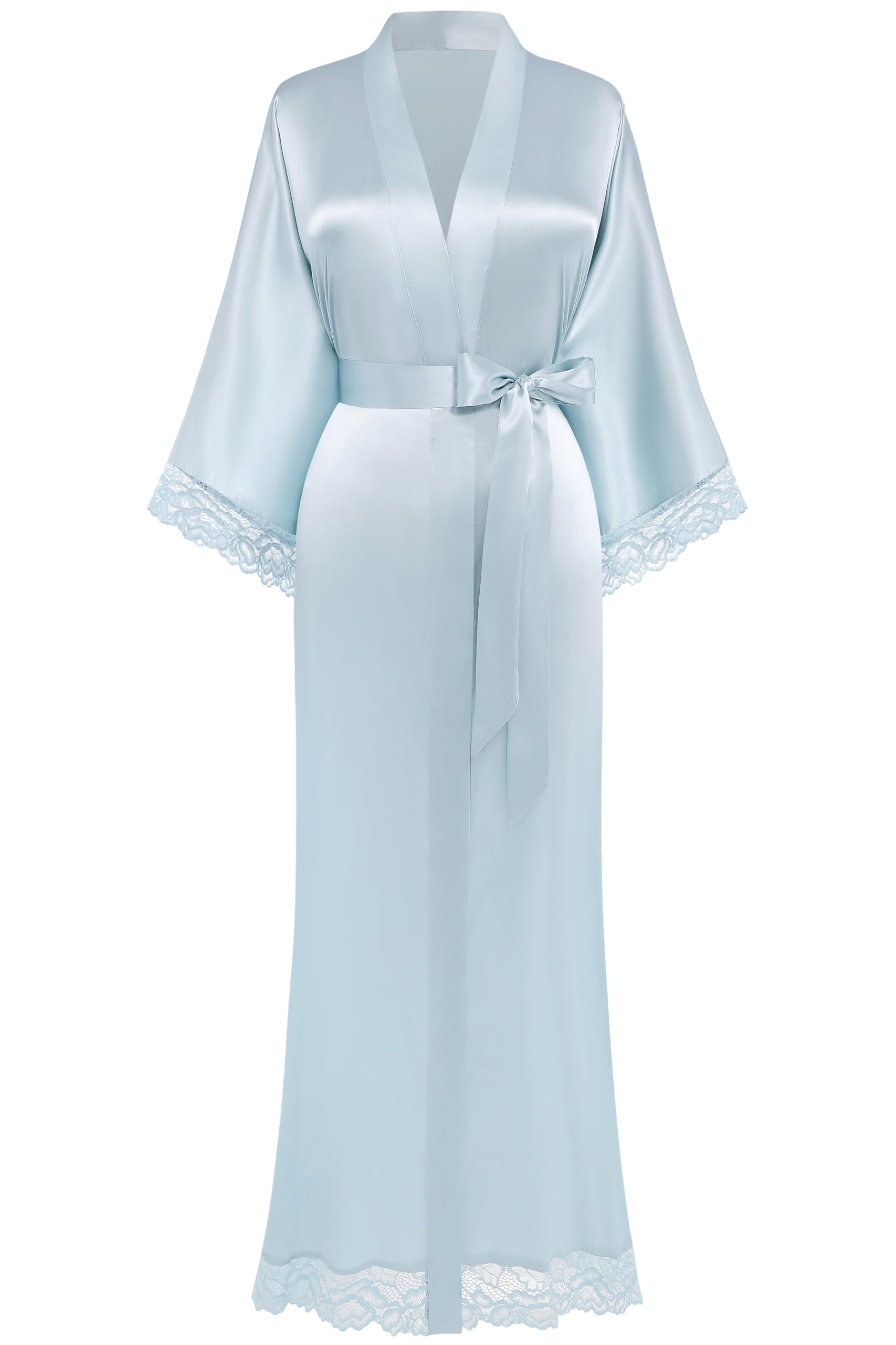BABEYOND Damski szlafrok kimono, satynowy, kimono, szlafrok, długie kimono, szlafrok kąpielowy dla druhny, z koronkowym wykończeniem, na bieliznę nocną, na imprezę, wesele, piżamę, Jasnoniebieski, One