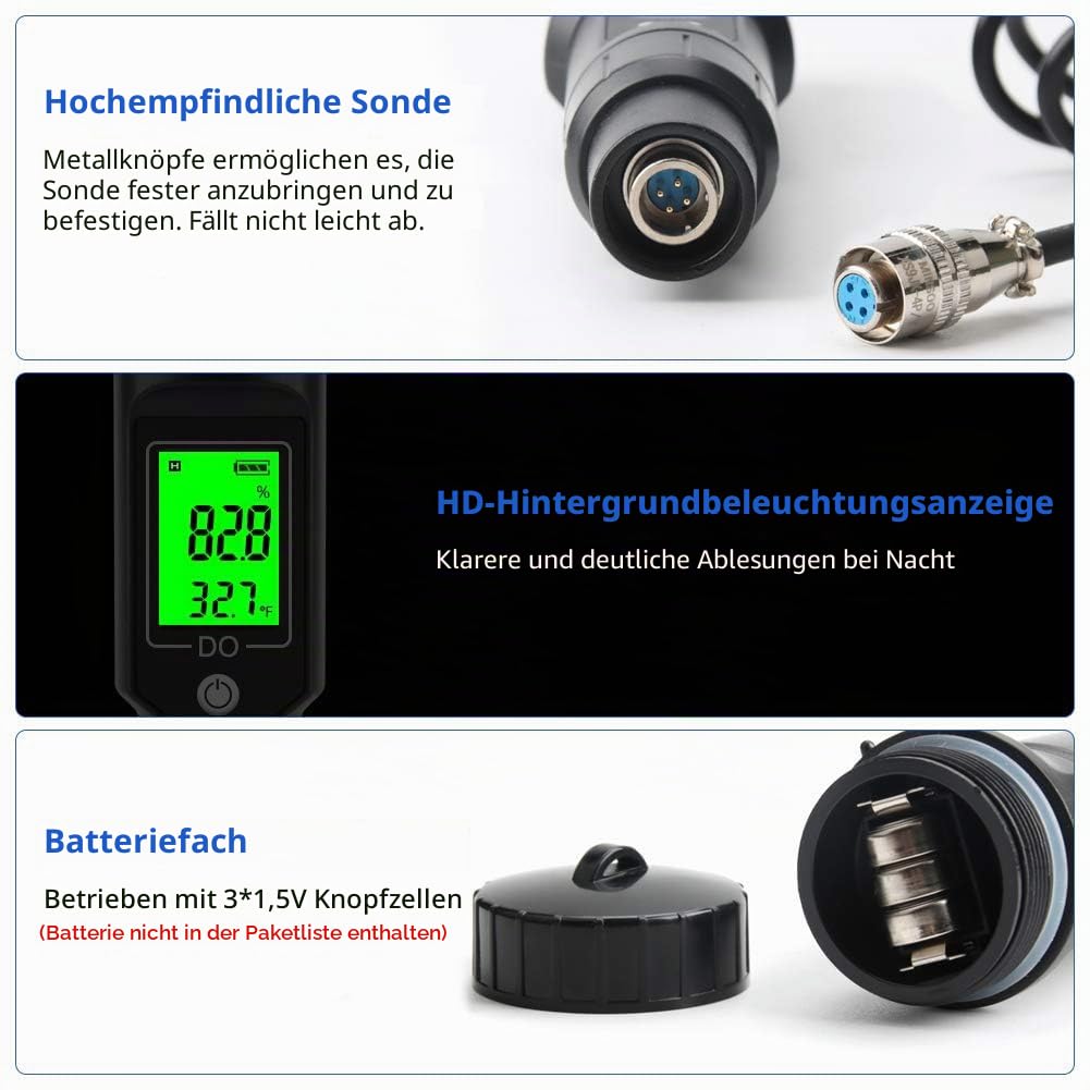 Gelöstes Sauerstoffmessgerät, Hochpräziser 0,0-30,0 Mg/L Gelöstes Sauerstoffmessgerät Mit Lcd-Digitalanzeige, Tragbarer O2-Teststift Für Teiche Und Aquarien, Für Süßwasser/Meerwasser