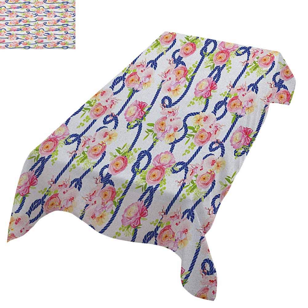 Navy and Blush Square Tablecloth Twisted Blue Marine Rope and Bouquets of Spring Roses and Orchid Outdoor Rectangular Tablecloth 60"x120"  Navy Blue Pink Green