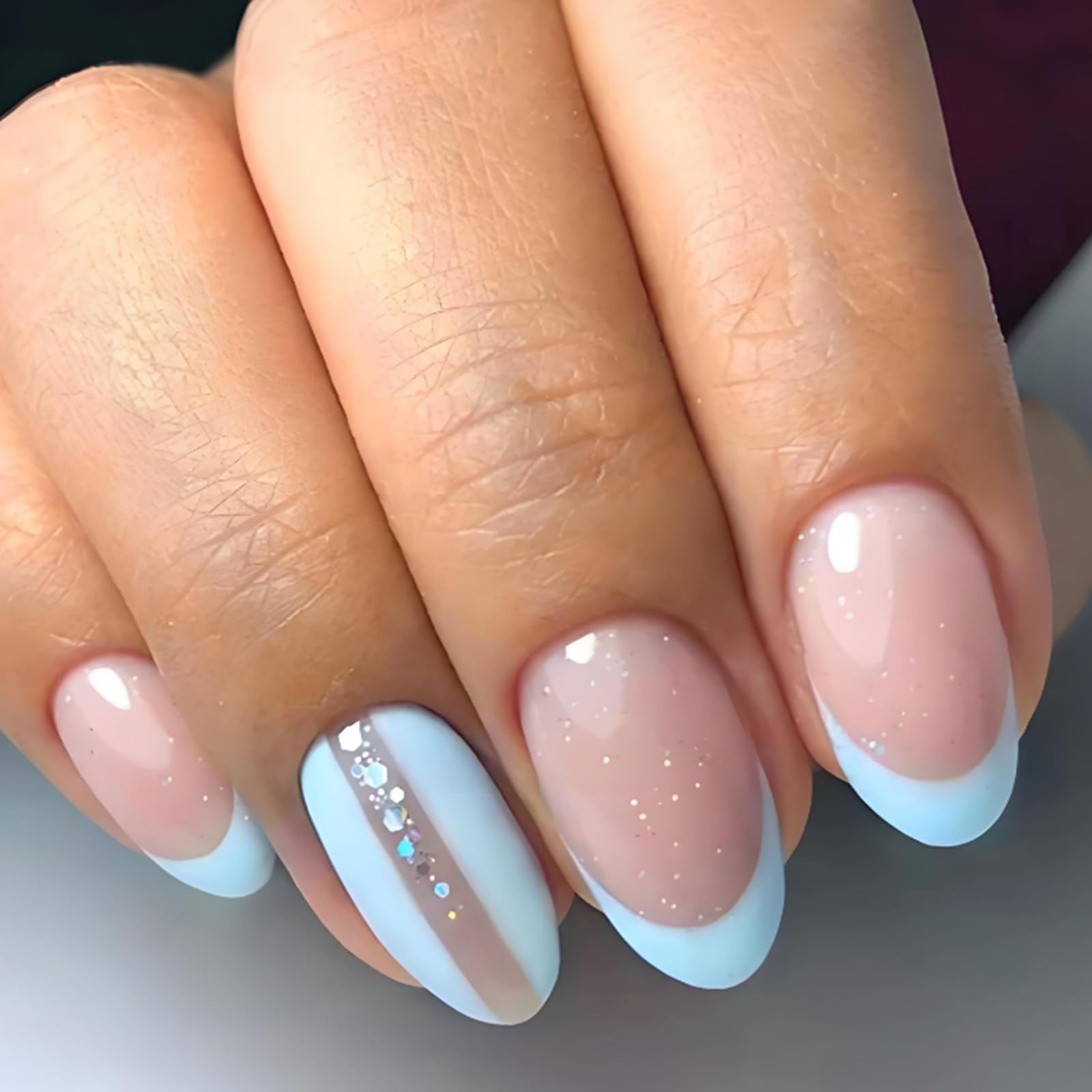 Oval Shape French Press On Nails with Light Blue Tip and Sparkle, 12PCS Glossy Nude Base Full Cover False Nails