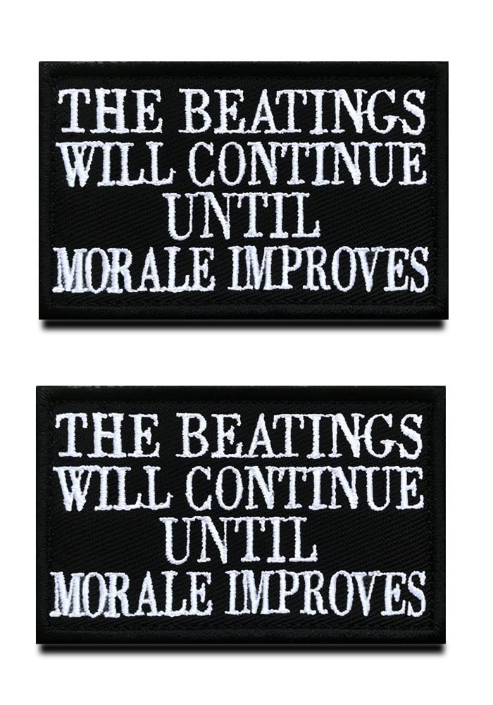 2 Packs Funny The Beatings Will Continue Until Morale Improves Embroidered Hook & Loop Emblem Badge Applique Patches for Clothes Uniform Armband Backpack Biker Service Dog Vest Harness