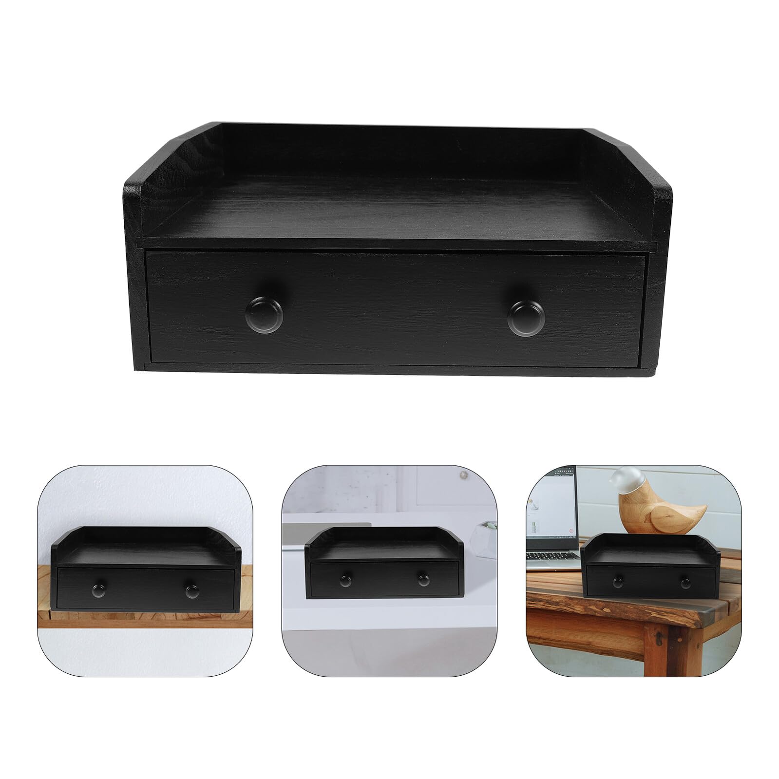 Cajón Organizador Multiusos para Escritorio y Bolsitas de Té, Caja de Madera Negra con Diseño Compacto, Almacenamiento de Café y Especias para Cocina y Oficina, Gran Capacidad