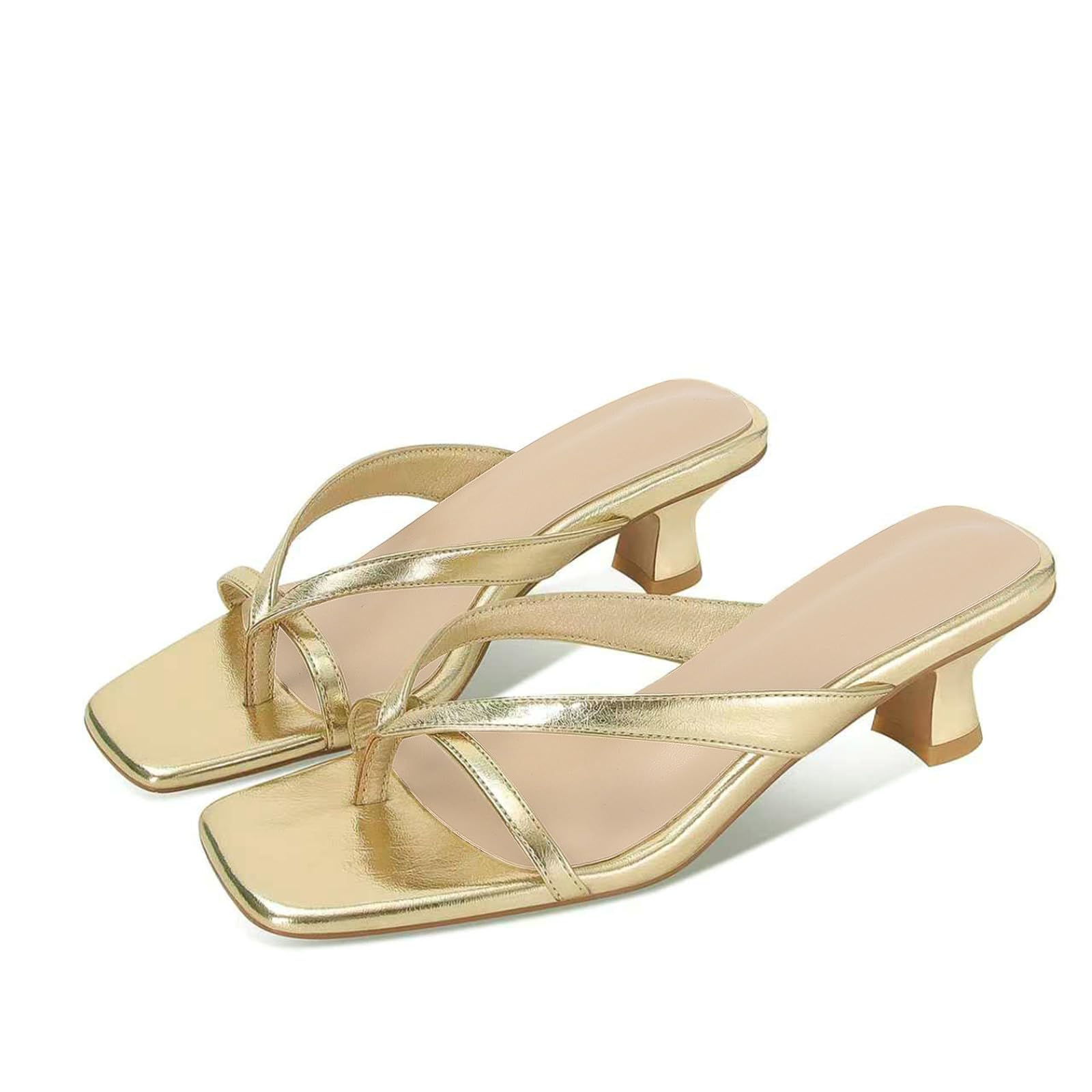 Kitten Heel Sandals for Women Low Heels Flip Flop Fashion Strappy Mule Heels Rounded Open Toe Casual Slides Heeled Thong Sandals Women, Gold, 7