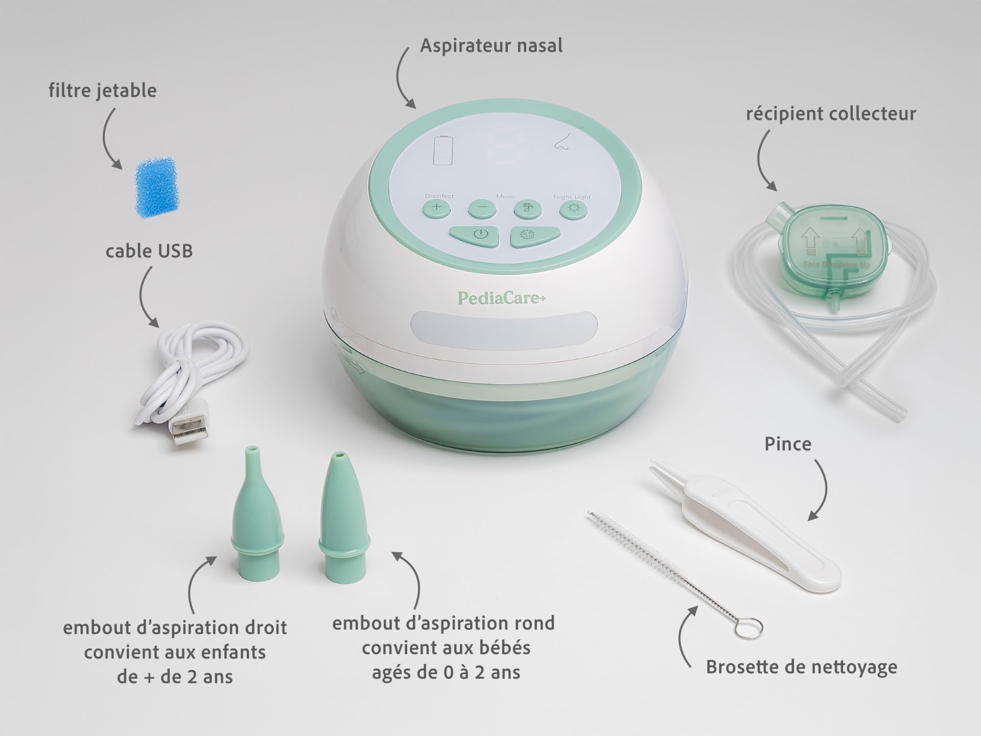 Pediacare+© Mouche Bébé Électrique Aspirateur Nasal Nez Bouché Nouveau-Né Enfant Rechargeable USB Silencieux Hygiénique Embouts Souples Filtres Lavables Nettoyage Facile Portable Sécurisé