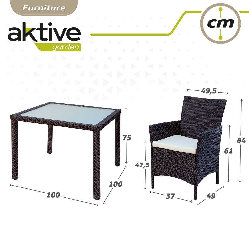 AKTIVE 61073 - Conjunto mesa y sillas jardín ratán, Mesa y sillas terraza incluye 4 sillas jardín exterior y 1 mesa exterior 100x75cm, Muebles para jardín y terraza, Multicolor
