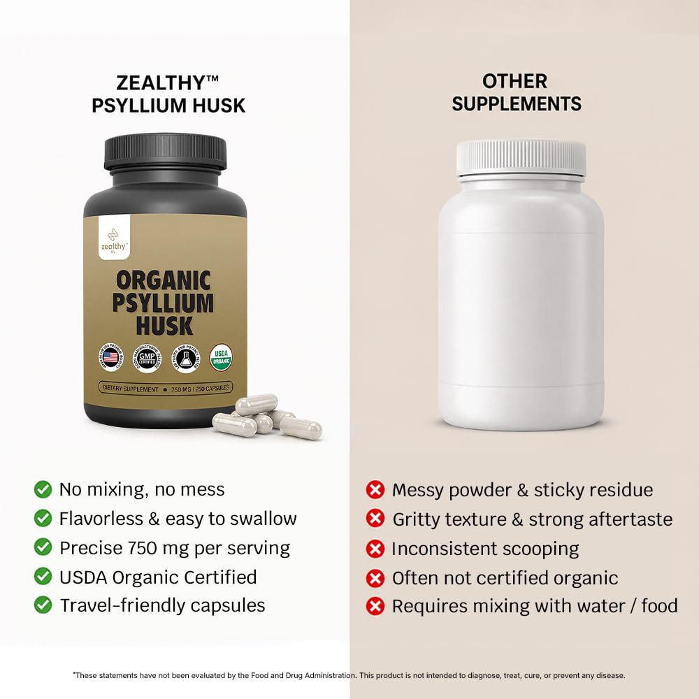 Organic Psyllium Husk Capsules 750 mg, Natural Fiber Supplement for Gut Health* - Alternative to Psyllium Husk Powder, Zealthy Life, 250 Capsules — Amazon image 9