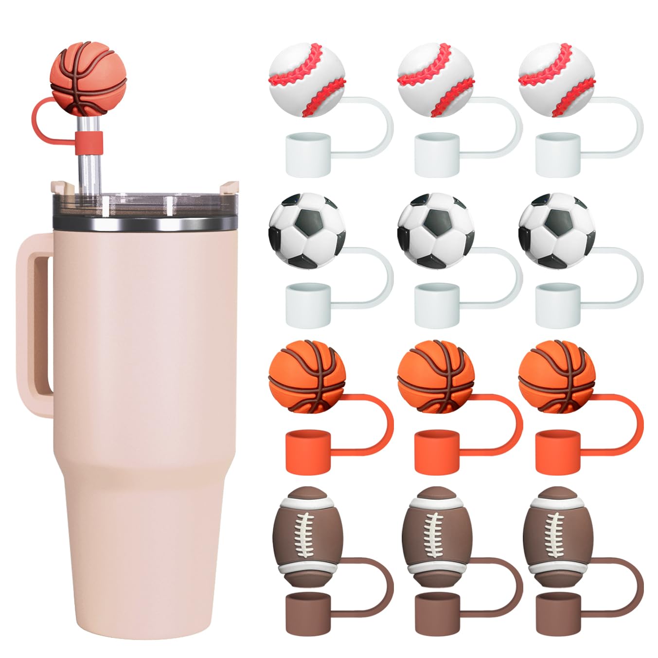 12pcs Straw Covers Cap for Stanley Cup Decorations, Sport Balls Silicone Straw Topper for 30&40 oz Tumbler Stanley Cups, Cute Straw Caps fits 0.4 Inchze 10mm Reusable Straws Silicone Straw Tips Lids