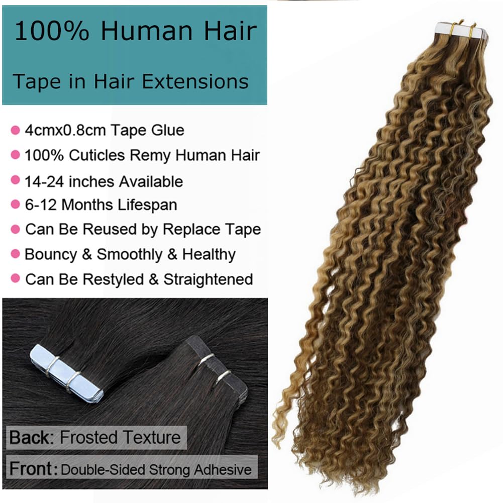 Jerry Curly Tape ins Hair Extensions Real Human Hair 22 Inch PU Tape in Hair Extensions Chocolate Brown Highlighted Caramel Blonde Curly Remy Hair Tape in Extensions