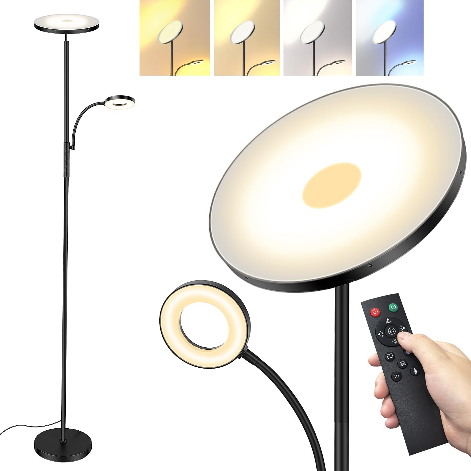 LED Uplighter Floor Lamp, Upgraded 42W 4200LM Dimmable Floor Standing Lamp with Remote & Touch Control, 1min Installation, Standard Reading Lamps Living Room Modern for Bedroom,office,babyroom(Black)