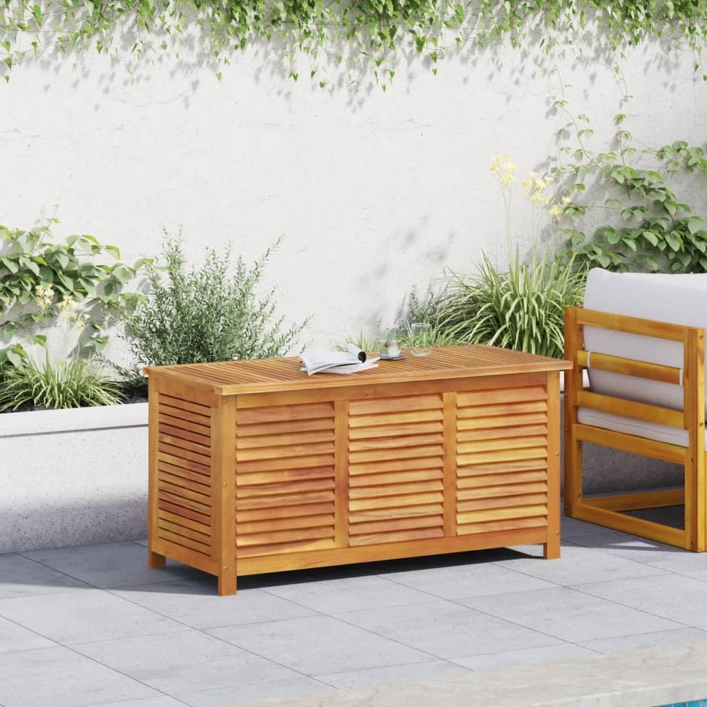IKAYAA Baúl de Jardín, Arcón Exterior de Madera de Acacia, Caja de Almacenamiento con Bolsa, Organizador Herramientas, Arcón de Almacenaje para Patio Jardín, 113 x 50 x 56 cm