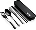 Travel Utensils with Case, Quatish Portable Utensil Set for Work, Stainless Steel Reusable Travel Cutlery Set, Spoon and Fork Set for Camping, Picnic, Gadgets, Men Lunch Box, Camping Essentials, Black
