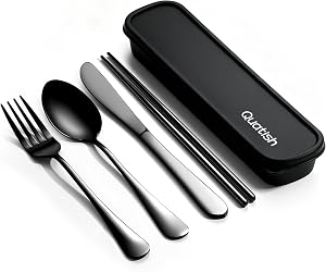 Travel Utensils with Case, Quatish Portable Utensil Set for Work, Stainless Steel Reusable Travel Cutlery Set, Spoon and Fork Set for Camping, Picnic, Gadgets, Men Lunch Box, Camping Essentials, Black