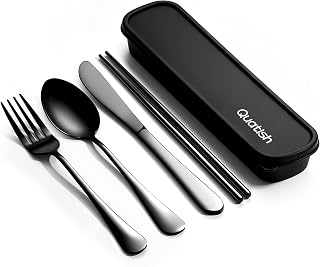 Quatish Travel Utensils with Case - 5-Piece Stainless Steel Cutlery Set, Portable Fork Spoon Knife Chopsticks for Camping Picnic Work Lunch, Black