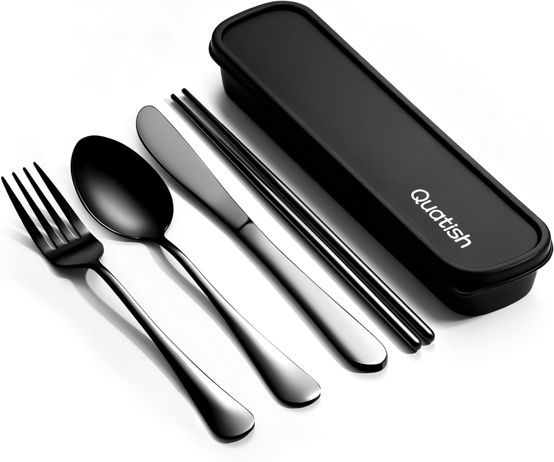 Quatish Travel Utensils with Case, Portable Silverware Set for Work, Stainless Steel Reusable Travel Cutlery Set, Fork and Spoon Set for Picnic, Camping, Gadgets, Lunch Box for Men, Black