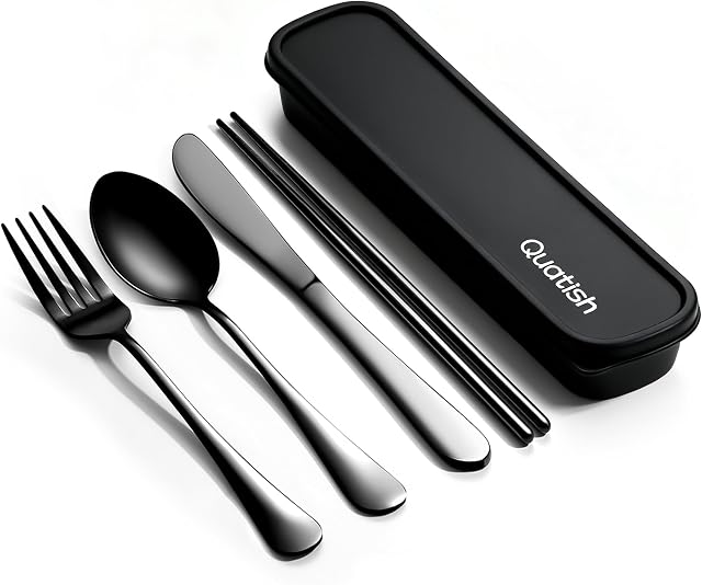 Ustensiles de voyage avec étui, Quatish Ensemble d'Utensiles Portables pour le Travail, Couverts de Voyage Réutilisables en Acier Inoxydable, Ensemble de Spoon et Fourche pour Camping, Pique-nique, Gadgets, Lunch Box pour Hommes, Essentiels de Camping, Noir