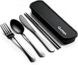 Travel Utensils with Case, Quatish 5 Piece Stainless Steel Silverware Set for Work, Portable Reusable Travel Cutlery Set, Fork and Spoon Set for Picnic, Camping, Gadgets, Lunch Box for Men, Black