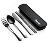 Travel Utensils with Case, Quatish 5 Piece Stainless Steel Silverware Set for Work, Portable Reusable Travel Cutlery Set, Fork and Spoon Set for Picnic, Camping, Gadgets, Lunch Box for Men, Black