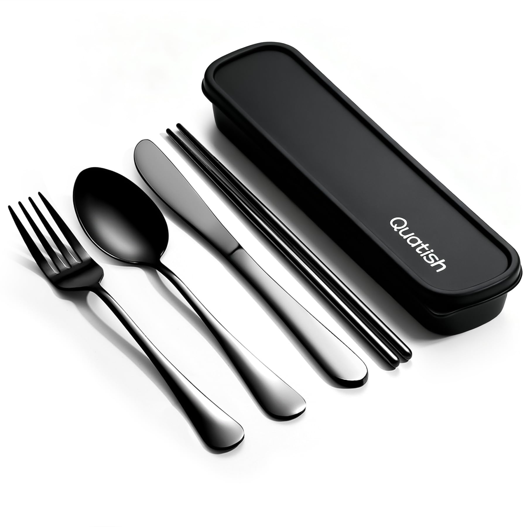 Travel Utensils with Case, Quatish Portable Silverware Set for Work, Stainless Steel Reusable Travel Cutlery Set, Fork and Spoon Set for Picnic, Camping, Gadgets, Lunch Box for Men, Black