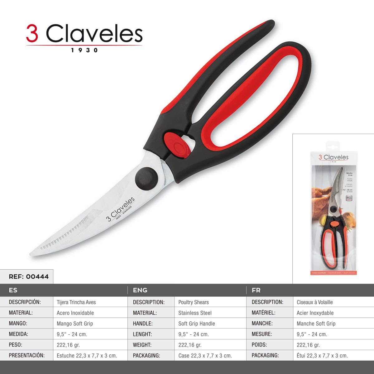 3 Claveles - Tijeras trincha aves 24 cm acero inoxidable, tijera profesional para cortar aves, 9,5" dedal rojo y negro