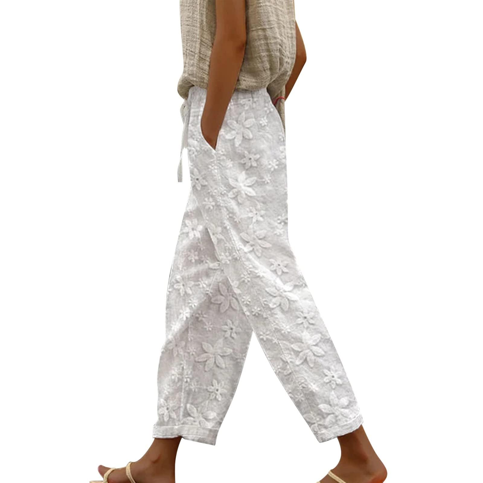 TIAFORD Women's Summer Casual Loose Cotton Linen Pants Elastic High Waist Wide Leg Plus Size Beach Trousers with Pockets