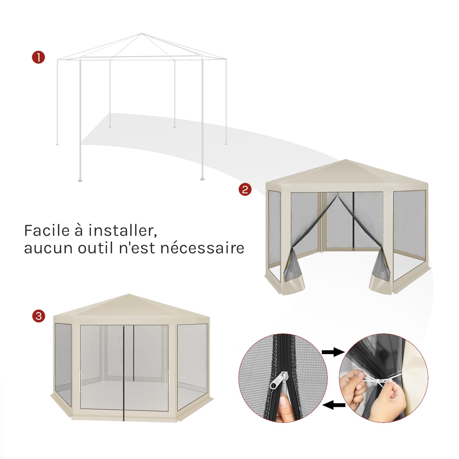 WOLTU Tonnelle de Jardin Extérieur, avec Moustiquaire, Pergola Jardin Extérieur, Tente de Réception, avec Parois Latérales en Maille, Barnum 3,8 x 3,3 m, Hexagone (Beige)
