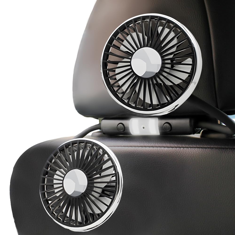 Ventilateur De Voiture, Ventilateur Voiture à Double Tête, Passager Arrière Ventilateur De Refroidissement 3 Vitesses Et Rotation à 360° Ventilateur, Ventilateur Auto Pour Voitures,Camions,Suv